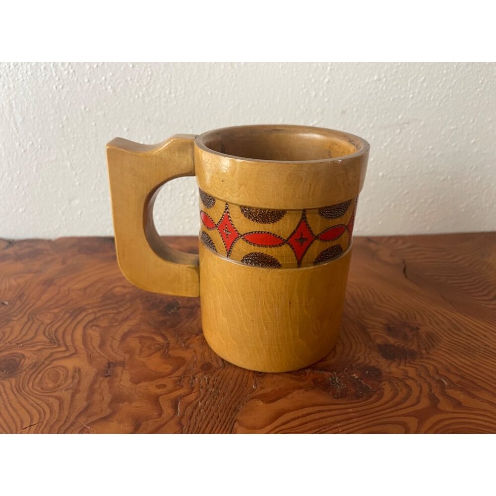 Vintage Russian Wood hand Carved Mug with Hand Painted Red Design